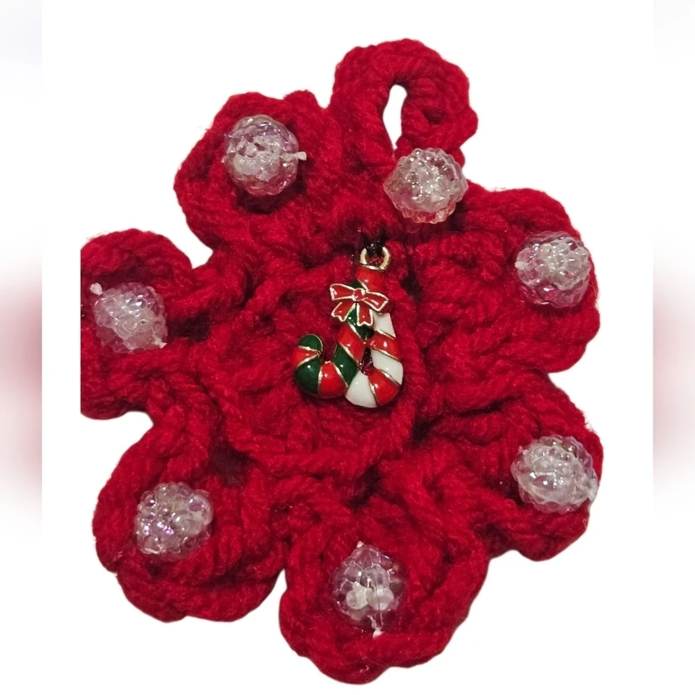Hand Crafted Upcycled Chritsmas Ornaments Hand Crochet red beaded floral pattern